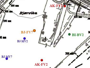 Figur 6 Prøvepunkter, 19.12.06. Den 21.12.06 ble det tatt vannprøver i forbindelse med utlegging i Bispevika og mudring i Bjørvika samt overvåking av Akerselva.