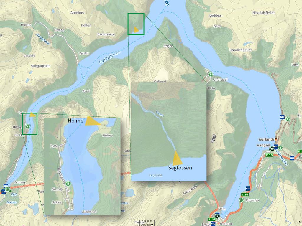 Lyspunkta som er planlagt utprøvt i forprosjektet er Sagelvi/Lægdafossen og bygningane på Holmo. Lyspunkta er valt ut i samråd med kapteinen på båten «Vision of the Fjords».