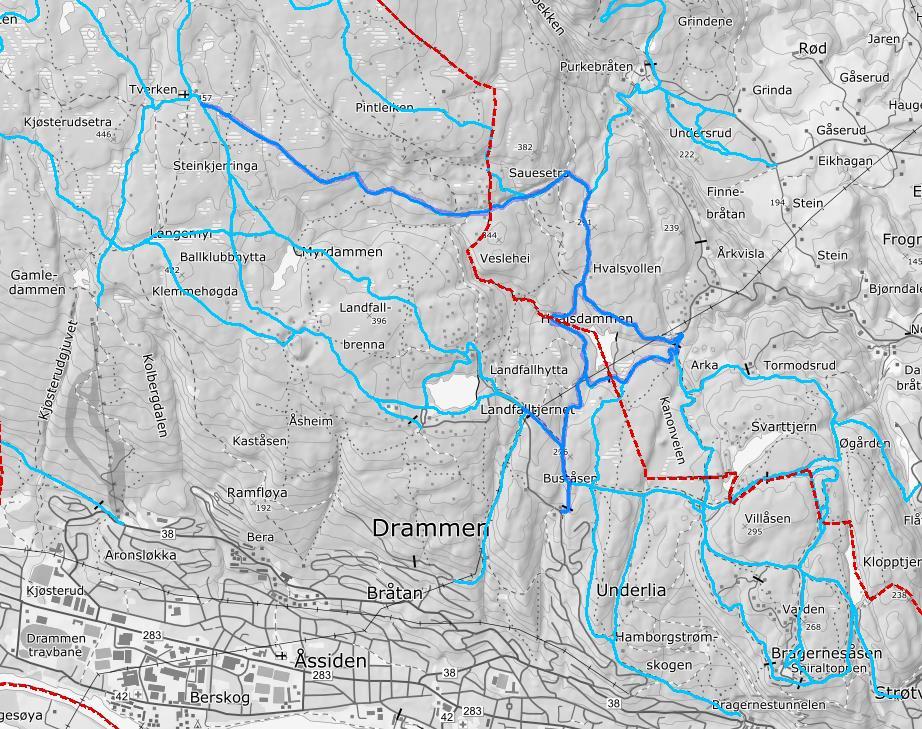 Skøytetrase rundt Hvalsdammen Etter politisk bestilling er det etablert en skøyteløype rundt Hvalsdammen med tilknytning til Landfalltjernveien lyssatt og har lengde på ca. 4 km.