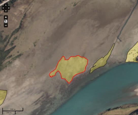 Figur 10. Estimert leveområdeavgrensing for elvesandjeger ved Geitøyri- Høgsand. Lom; Høgsand grøftekanal: UTM 32 V 479407 6858001-32 V 479499 6858065 Området består av flomdekt elveør og sandområde.