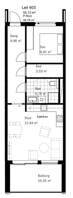 hver kvadratmeter. Et soverom, bad og åpen kjøkken- og stueløsning.