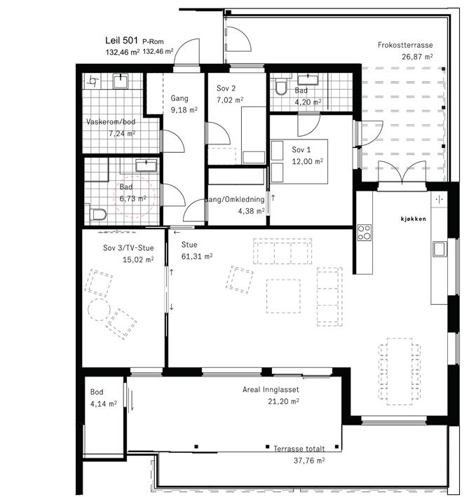 LEIL 501 132,46m 2 132,46m 2 LEIL 502 112,79m 2 112,79m 2 Eksklusiv, smakfull og innholdsrikt - på toppen Toppleilighetene er noe for seg, med sine ekstra kvaliteter.