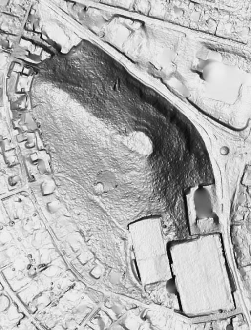Figur 9-11: Borgen folkepark sett via laserskanning fra fly (LIDARskanning). På databildet er skogen tatt bort og vi ser vegene opp til de to møteplassene i folkeparken.
