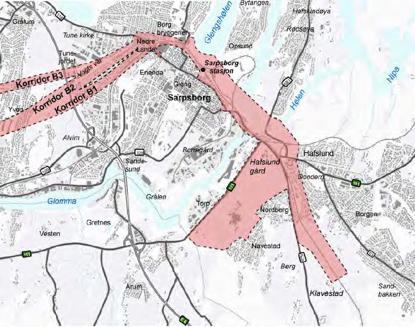 Figur 2-4: Visualisering av utredningskorridorene i Sarpsborg, østre del (kilde: Planprogram for KDP Intercity Østfoldbanen dobbeltspor Fredrikstad-Sarpsborg, Bane NOR).