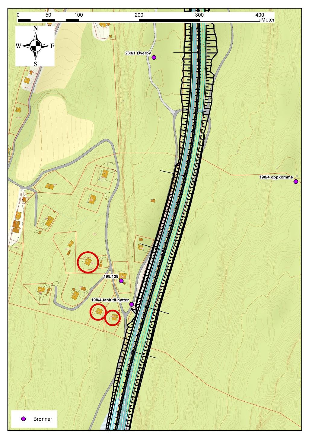 Side 45 av 83 Figur 23: Viser oppkomme på oversiden av E16 kalt 198/4 oppkomme, fordrøyningstank til hytter 198/4 tank til