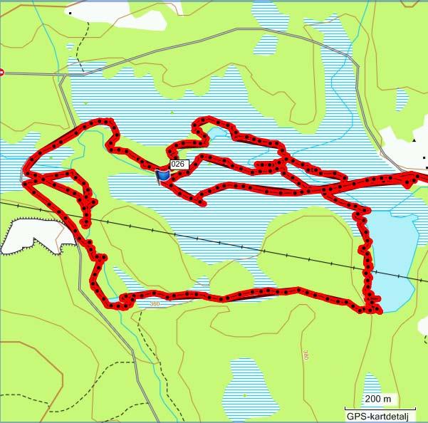 Figur 2.1: GPS-logg fra feltarbeidet. Under feltarbeidet ble det lagt vekt på å konsentrere arbeidet rundt de arealene som kan tenkes å bli påvirket av lukene i dammen.