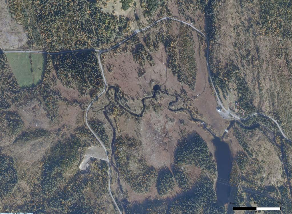 Figur 1.2: Satellitt/flybilde over Sagtjønna og nærliggende myrområder (kilde: GisLink.no). Plasseringen av dammen er vist med rød ellipse. 1.1 Bakgrunn Det er en lang historie knyttet til dammen i Guldsetelva.