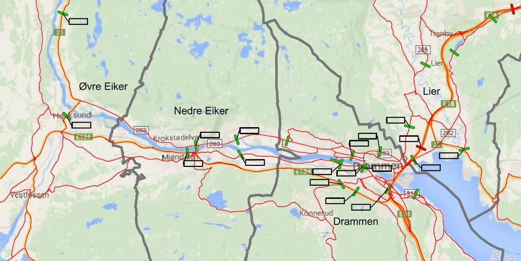 3 Figur 3: Oversikt over tellepunkter (røde og grønne) i bypakkeområdet som gjør registreringer døgnkontinuerlig. (Nivå 1 tellepunkt.