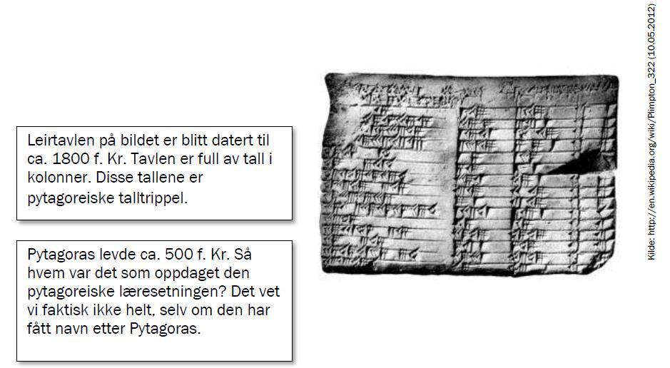 2 (5 poeng) De gamle babylonerne brukte et plassverdisystem med 60 som grunntall. a) Skriv tallet i titallsystemet Et pytagoreisk talltrippel er tre hele tall som oppfyller Pytagoras læresetning.