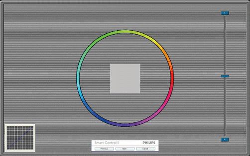 3. Bildeoptimering Første fargekalibreringsskjerm Eco Power-menyen Previous (Forrige)-knappen er deaktivert frem til den andre fargeskjermen.