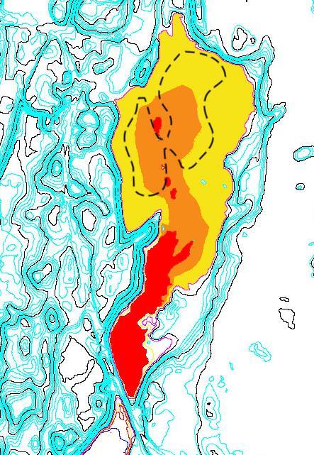 Figur 3. Kart og orthofoto som viser situasjonen ved Kjærringtønna. Gul sone viser areal under kote +452, rødt; areal under kote +451. Oransje markerer interpolert areal under kote +451.5. Kjerringtjønna (svart stipla linje) vet vi imidlertid ligger på kote +450,97.