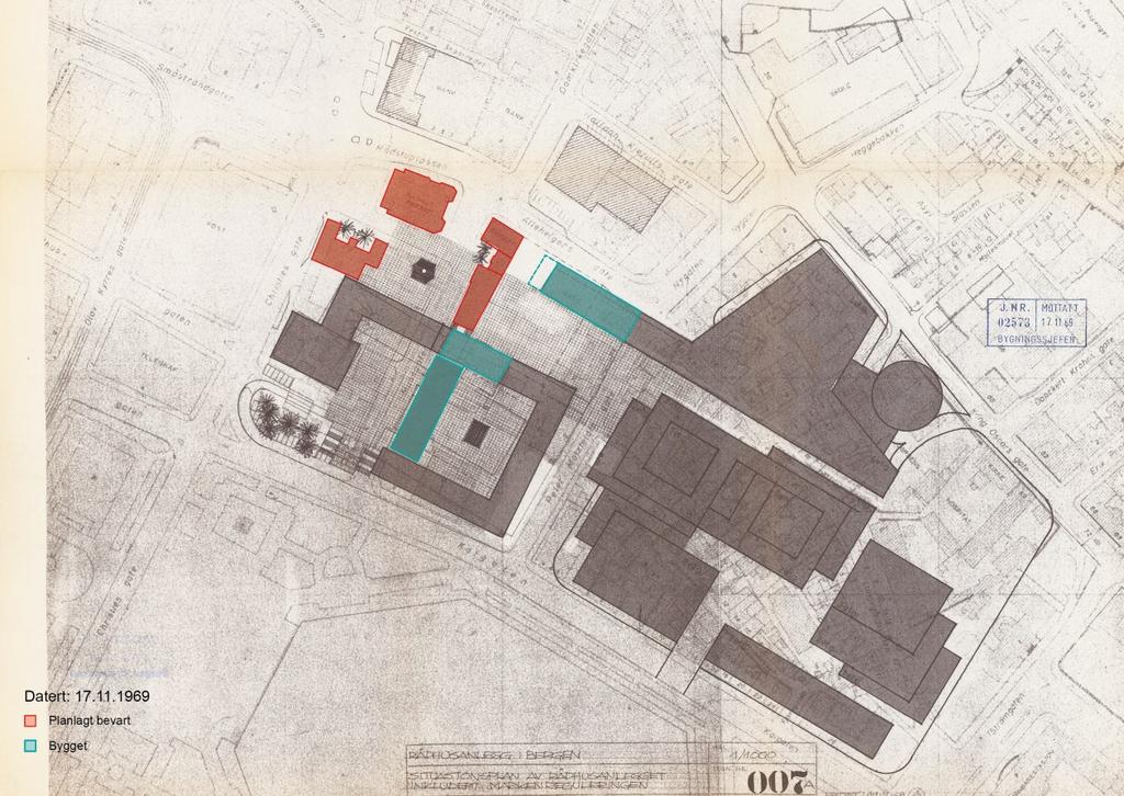 Fig. 4: Situasjonsplan av Rådhusforslaget satt sammen med Markenreguleringen, Viksjøs arkitektkontor (1969) Av flere grunner ble bare Allehelgens gate 5 og Rådhushøyhuset med kantinedel og kjeller