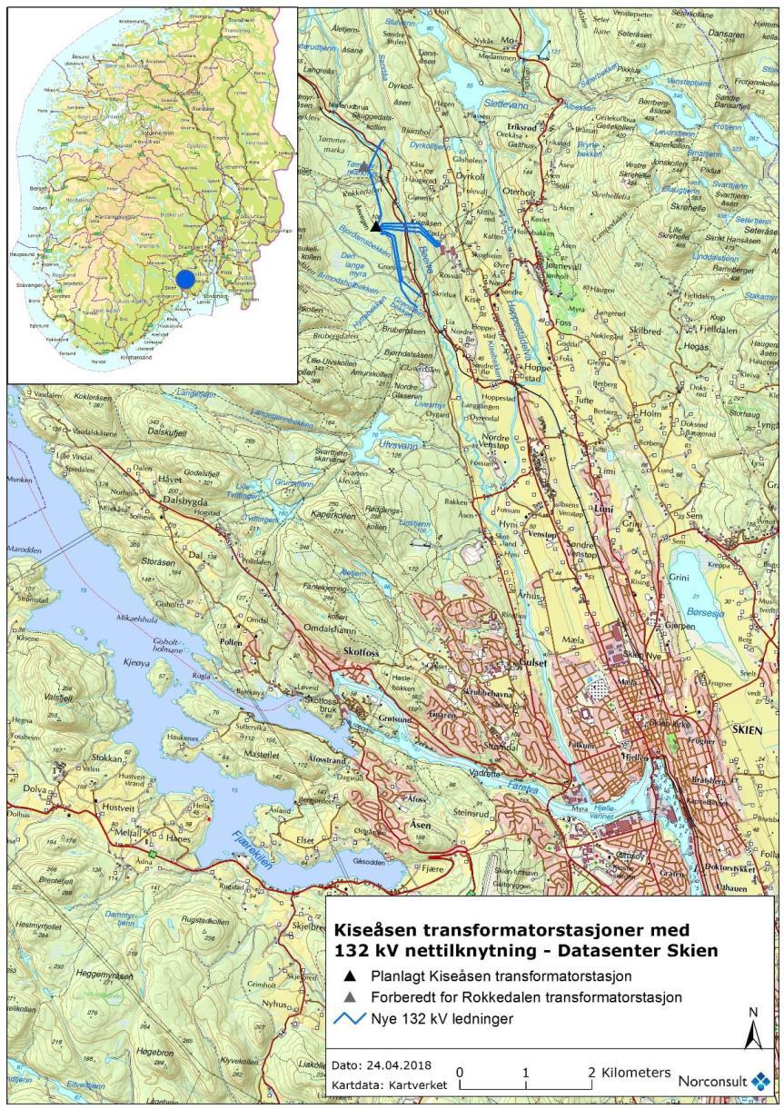 Side 3 Kart 1: Oversiktskart over plassering av Kiseåsen transformatorstasjon med tilhørende nettilknytning på Gromstul i Skien kommune, som gitt i Konsesjonssøknad for Kiseåsen med tilhørende 132 kv
