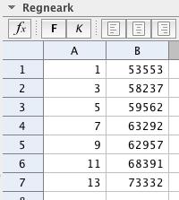 Oppgave 3 a Først taster vi inn tallene i regnearket i GeoGebra. I kolonne A legger vi inn tallene som viser antall år etter år 2000.