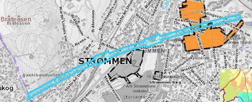 Figur 19. Kartutsnittet viser gjeldende Reguleringsplan for Sentralrenseanlegg Skedsmo kommune under bakkenivå, markert med blå strek.