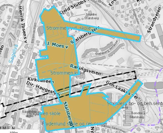Kartutsnittet viser gjeldende reguleringsplan for Gardermobanen Lørenskog grense- Stalsberg under bakkenivå, markert med blå strek.