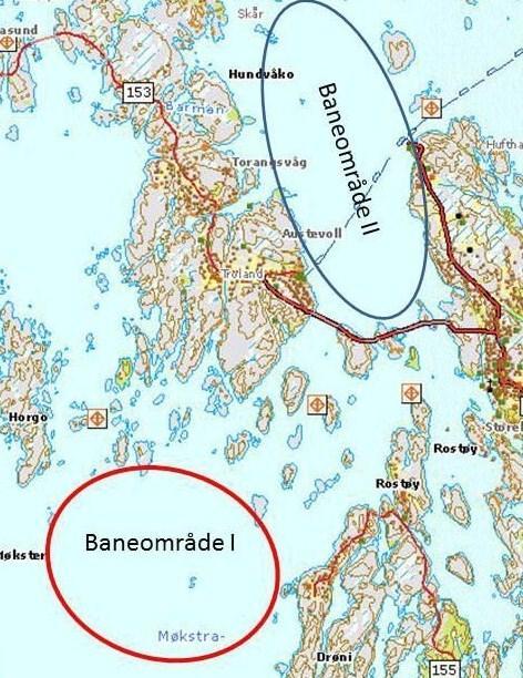 10. BANEOMRÅDER 10.1 Baneområde I - Hoved baneområde. Baneområdet omfatter farvannet i Møgsterfjorden mellom Møgster og Hundvåko. 10.2 Baneområde II - Reserve baneområde.