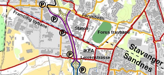 Delstrekning 5: Forusbeen Løwenstrasse 0-11 Oversikt delstrekning 5. Figur Forslag til utforming/løsninger Her skal det utredes trasé på begge sider av motorvegen og behov for tosidig forbindelse.