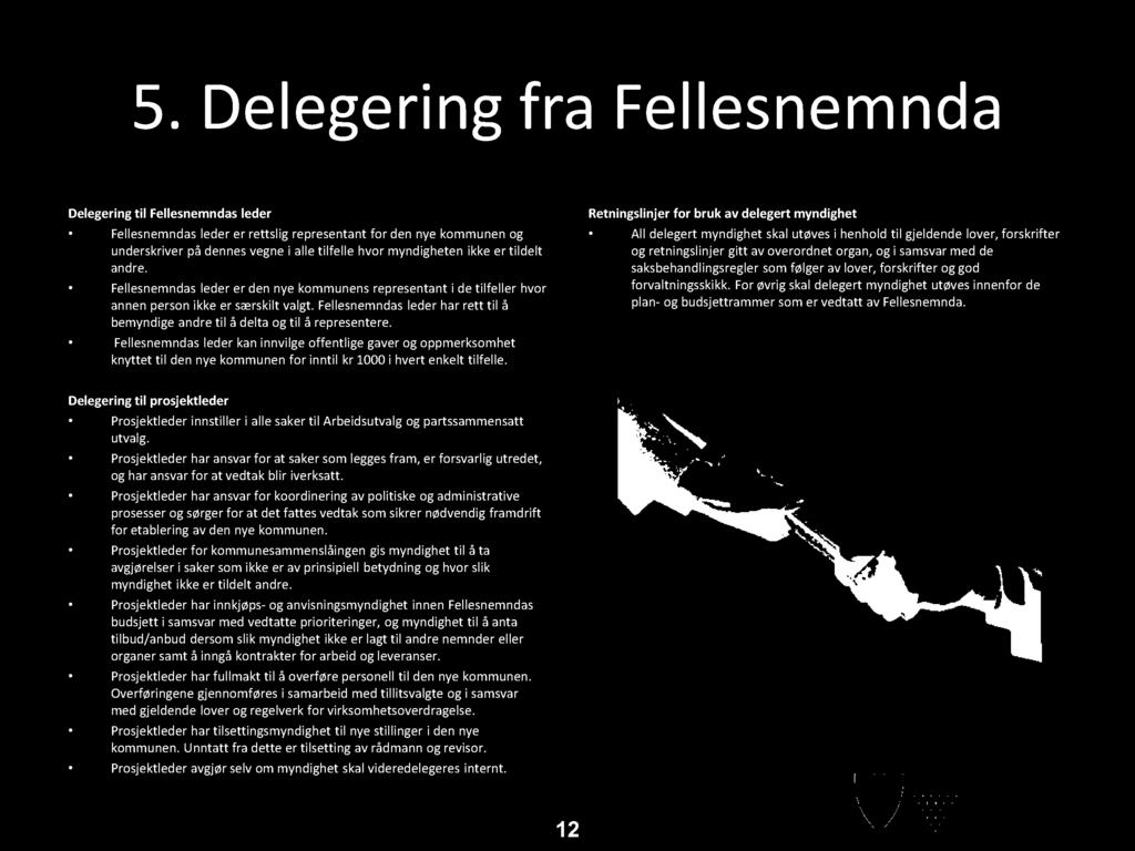 5. D e l e ge r i n g fr a F e l l e s n e m n d a Delegering til Fellesnemndas leder Fellesnemndas leder er rettslig representant for den nye kommunen og underskriver på dennes vegne i alle tilfelle