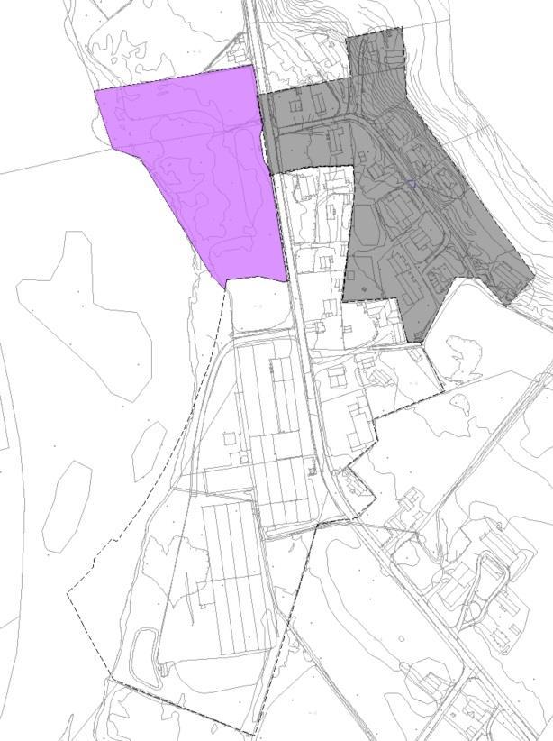 Bilde 3: Planområdet (fiolett farge) mot regulert boligområde, Kvendsetøran (grå utheving), PlanID: 19770013 Bilde 4: Planområdet (fiolett farge) mot regulert industri- og boligområde, Kvendset