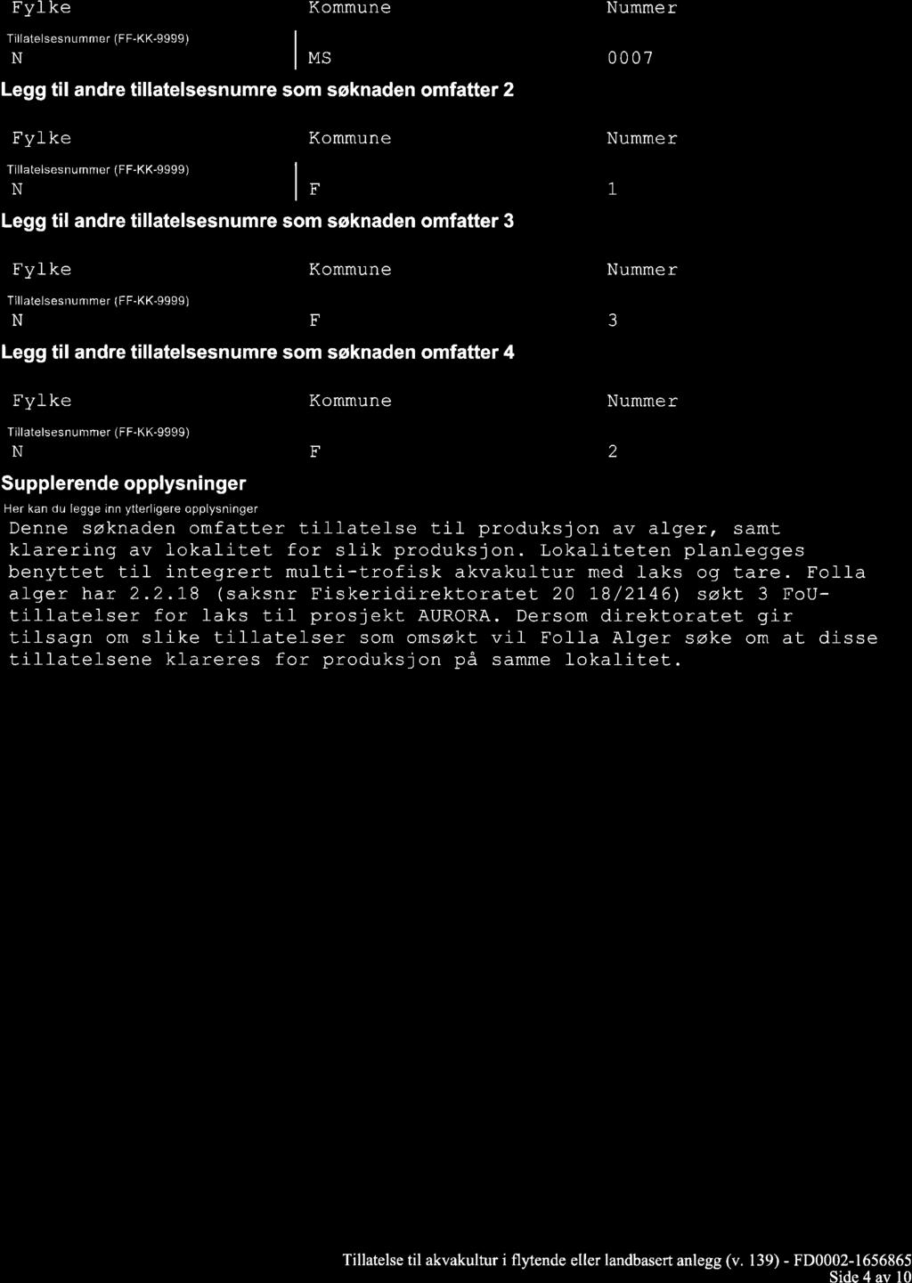 Fylke Kommune Nummer T llatelsesnummer (FF-KK-9999) N 1,, Legg til andre tillatelsesnumre som søknaden omfatter 2 0007 Fylke Kommune Nummer Ti latelsesnummer (FF-KK-9999) N, 7 Legg til andre