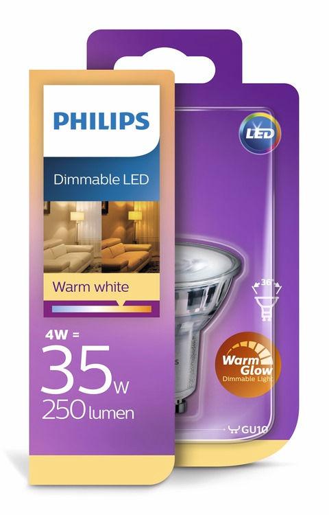 PHILIPS LED Spot (kan dimmes) 4 W (35 W) GU10 Fra varm til ekstra varmhvit WarmGlow som kan dimmes Det er det på innsiden som