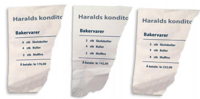 Oppgave 3 (3 poeng) Mathias har handlet litt mye på et konditori i det siste.