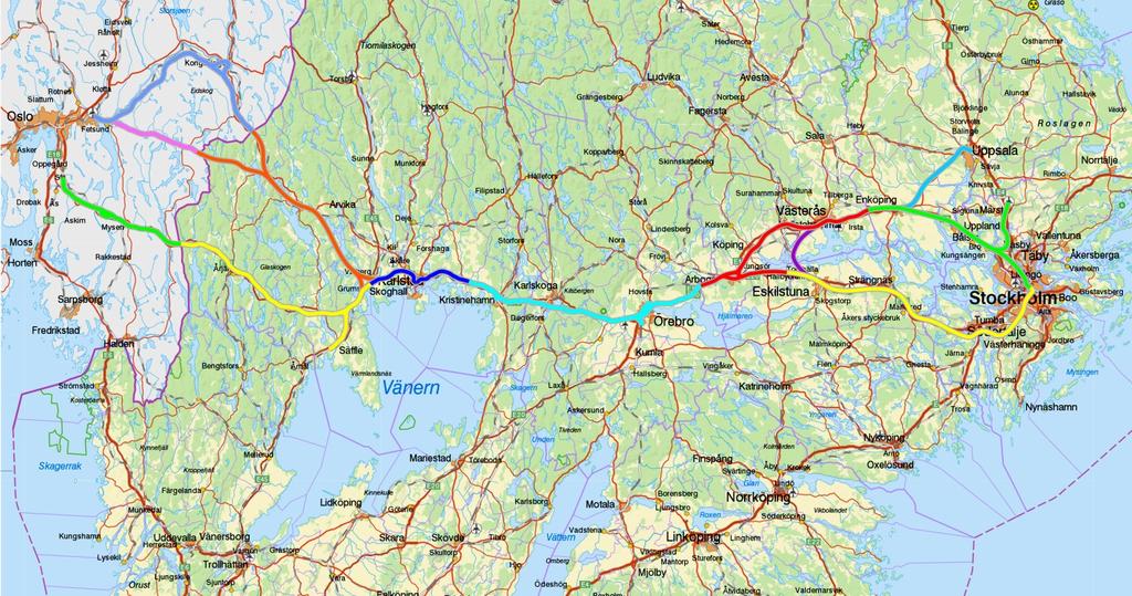 HSR$Oslo)Stockholm/Göteborg Ideskisse,$basert på ulike utredninger Oslo Ski Spydeberg Uppsala Hallstahammar Ørje Askim Mysen Grums Årjäng Långserud