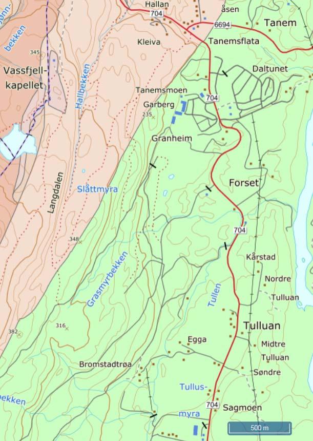 5. 3. 4. 3. 2. Ca. p 1 100 Ca. p 200 1. Ca. p 2 000 Tegnforklaring berggrunnsgeologisk kart 1. Gråvakke, grå til grønn, med lag av siltstein og fyllitt 2.