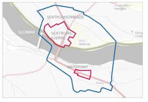 2 Tydeligere rolledeling i sentrum med hensyn på handel I Kongsvinger 2050 anbefales det å utvikle én konsentrert sentrumskjerne nord for Glomma.