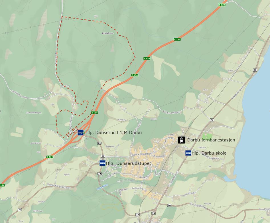 Figur 2 - Kollektivholdeplasser i tilknytning til planområdet. (Bakgrunnskart: kart.finn.no) Via Kongsbergveien, som går gjennom Darbu går busslinjen 115: Kongsberg Hokksund.