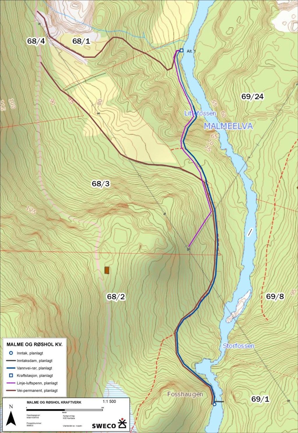 Vedlegg 1: Detaljkart Malme og Røshol kraftverk, alternativ 1 med