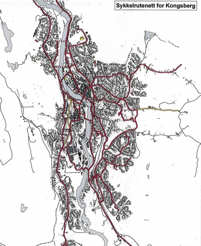 2.4 Sykkelnett i Kongsberg I kartet under er sykkelrutenettet for det sentrale Kongsberg vist.
