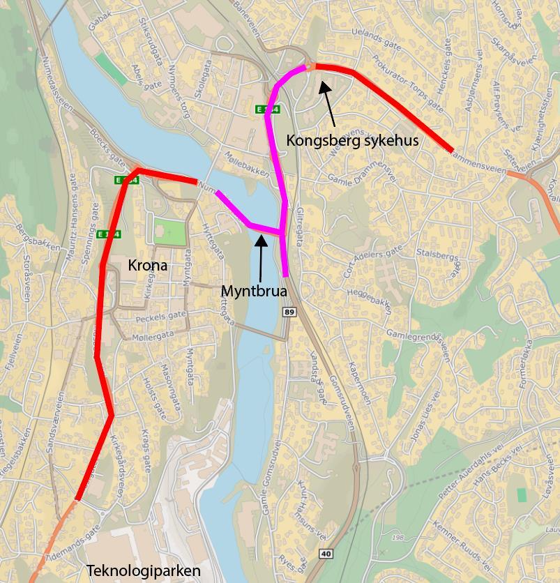 2.5 Kapasitet på veinettet For å si noe om kapasiteten på veinettet i Kongsberg er det er undersøkt typisk trafikkflyt hentet fra google maps.