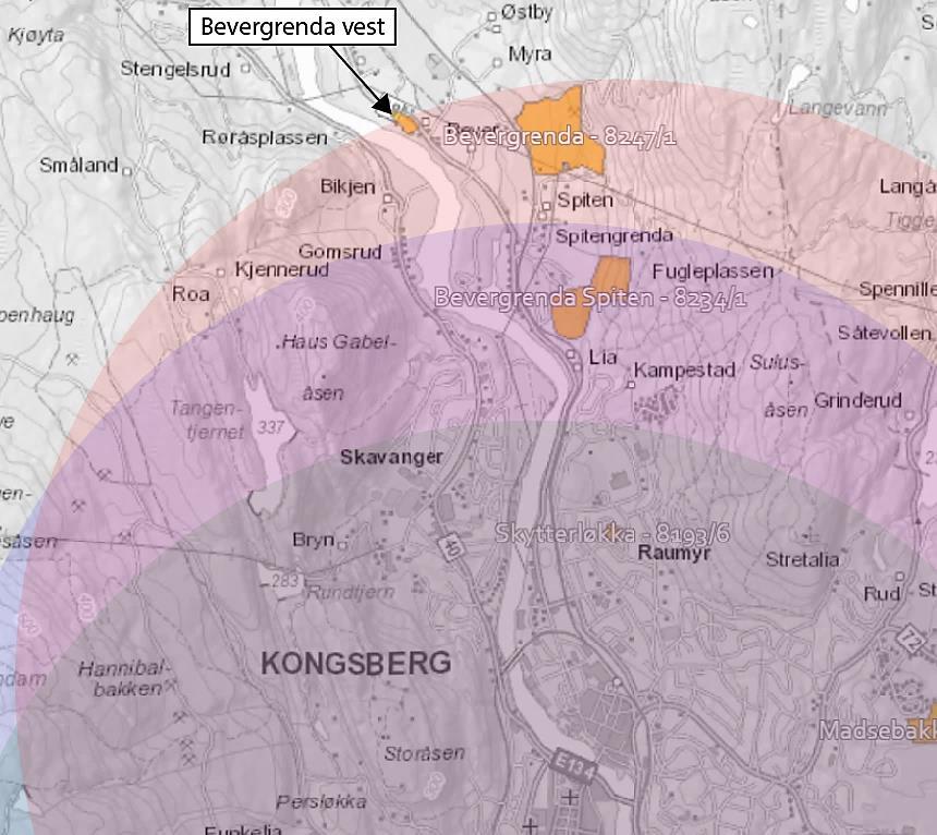 3.3 Bevergrenda vest Dette området ligger lokalisert 3,5 km nordvest for Kongsberg sentrum, vist i figur 8. Det er foreslått en utbygging av 5-10 boliger.