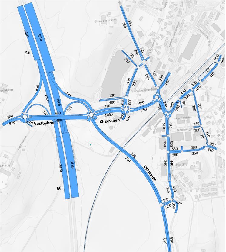 2.3.2 Trafikkvolum under analyseperiode Trafikkvolumet på vegstrekningene som er modellert under analyseperioden er vist i figur 13 og figur 14 for