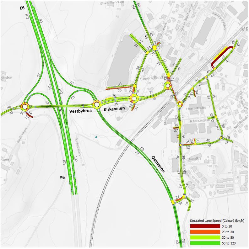 2.3.4 Hastighet Figur 17 viser gjennomsnittlig hastighet under morgenrushet. For de fleste lenkene er hastigheten over 30 km/time.