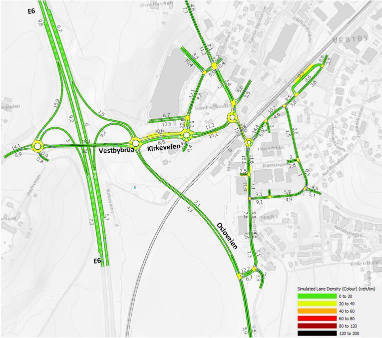 For ettermiddagsrush viser resultater noe høyere tetthet i tilfarten fra øst i rundkjøringen Kirkeveien x Osloveien.