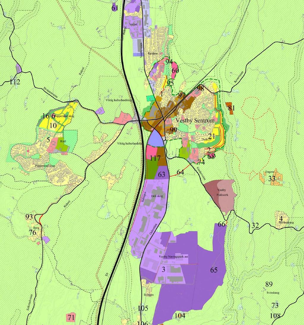 Figur 1 Utsnitt av plankart for Kommuneplan Vestby, Arealdelen 2019-2030