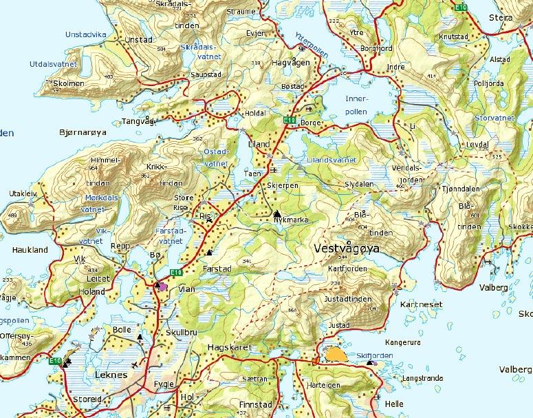 3 2 Beskrivelse av tiltaket 2.1 Beliggenhet Steinbruddet ligger i Vestvågøy Kommune ca 10 km nord for Leknes sentrum langs E 10. 2.2 Forhold til overordna planer Planområdet omfattes av tidligere utarbeidet reguleringsplan som ble vedtatt Vestvågøy Kommune i 1999.