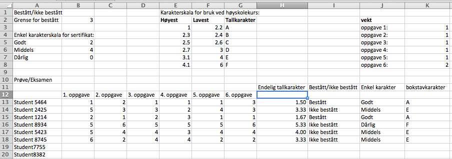 a) Bruk HVIS()-funksjonen og skriv inn formelen som skal vere i celle I13. (Formelen skal anten gje Bestått eller Ikkje bestått basert på verdet i celle H13).