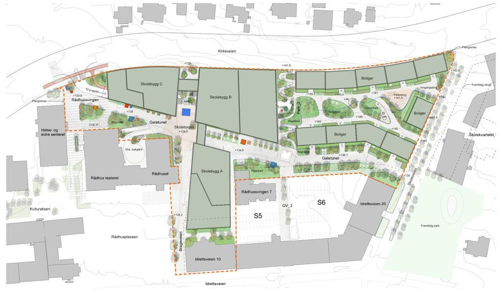 Figur 4: Plan som viser Shared space-området langs skolen og østover til Skoleveien. Tegningsgrunnlag Lala Tøyen AS.