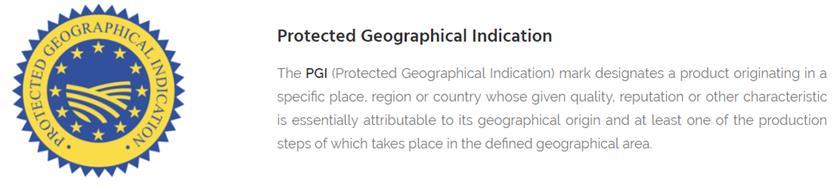 er merket av PGI (Protected Geographical Indication in EU)