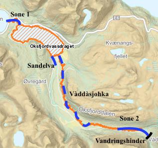 Oksfjordelva Oksfjordvassdraget ble undersøkt tre runder. Den 13 september (runde 1) ble det undersøkt totalt 12 av 14 km lakseførende strekning.