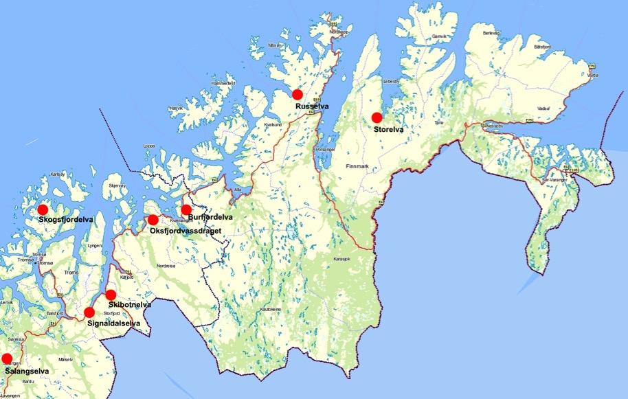 Figur 1. Oversikt over vassdrag der Naturtjenester i Nord har gjennomført tiltak i regi av OURO 2018. Skille ut oppdrettslaksen Under drivtellingene registrerer vi den fisken vi faktisk ser.