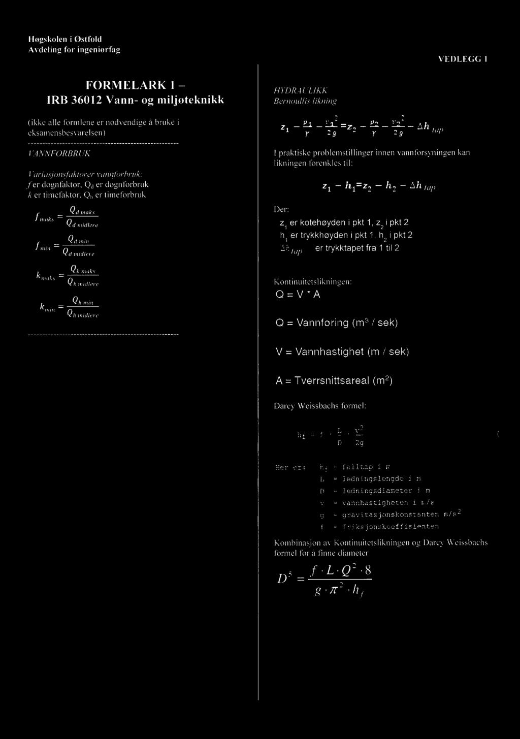 Hogskolen i Østfold VEDLEGG 1 FORMELARK 1 HYDRAULIKK IRB 3612 Vann- og miljøteknikk Bernoullis likning (ikke alle formlene er nødvendige å bruke i eksamensbesvarelsen) 22?