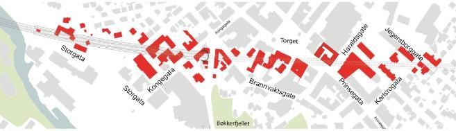 mellom Brannvaktsgate/Berggata/Kongegata, på tvers av Kongegata og videre diagonalt over kvartalet mellom Kongegata/Treschowsgata/Johan Sverdrupsgate/Berggata.