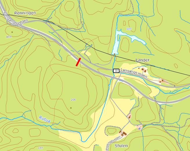 Figur 12.. Rød strek viser området der det bør bygges faunaovergang om man velger å bygge kryss på Lanner. Legges krysset på Lillegården kan viltgjerdene på dagens E-18 fjernes. Se figur under.