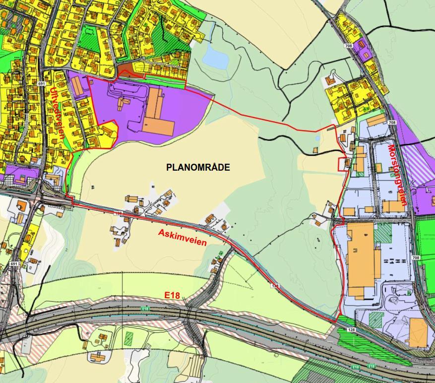 Figur 2: Planområdets avgrensning og forholdet til gjeldende reguleringsplan. Plangrense vist med rød strek.