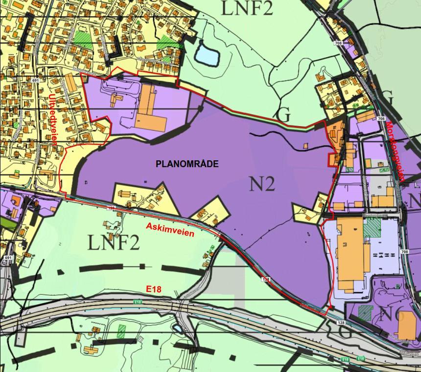 Figur 3: Utsnitt med kommuneplanens arealdel. Varslet planområde vist med rød strek.